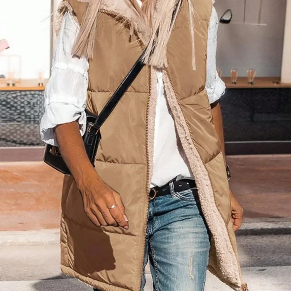 Light Camel Casual Women's Reversible Sleeveless Hooded Vest Jacket